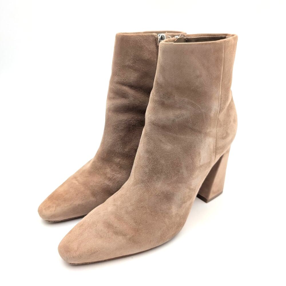 Marc Fisher Taupe Suede Pointed Toe Block Heel Ankle Boots